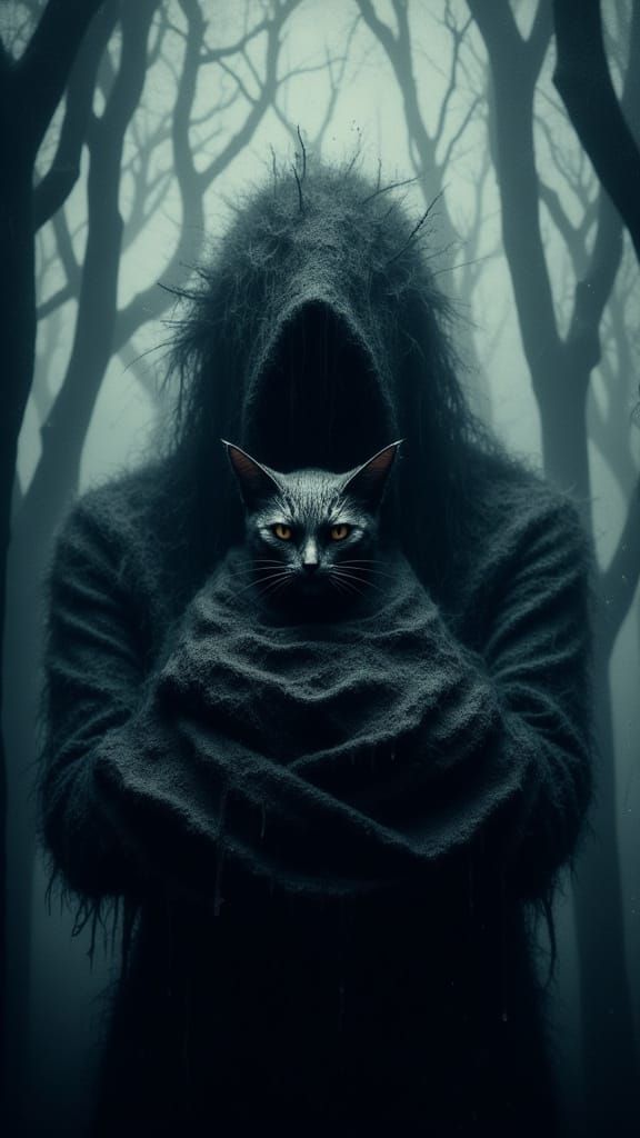 Victorian Figure with Cheshire Cat in Gothic Mist