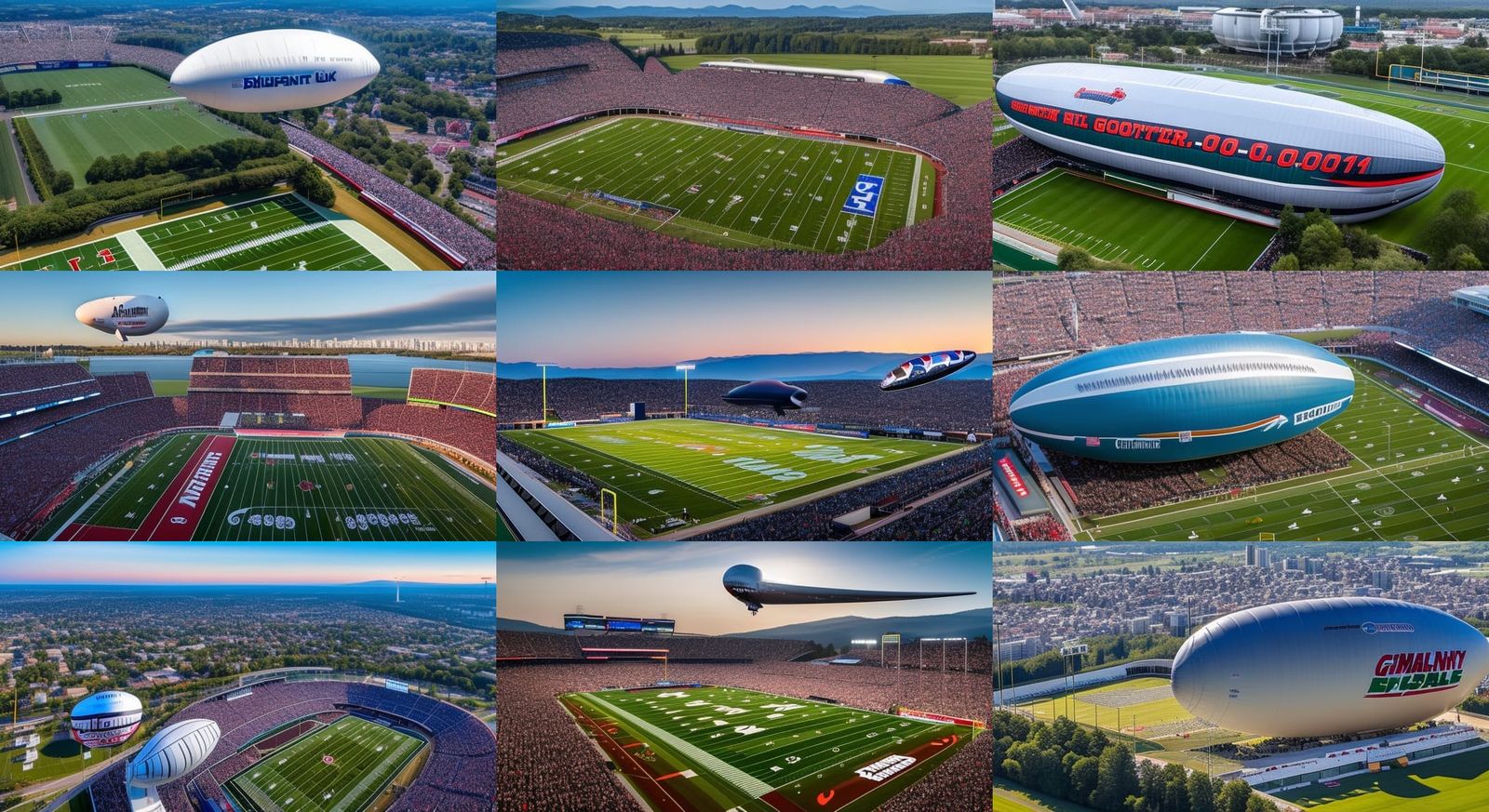 A giant blimp zeppelin flies over a football stadium where a...