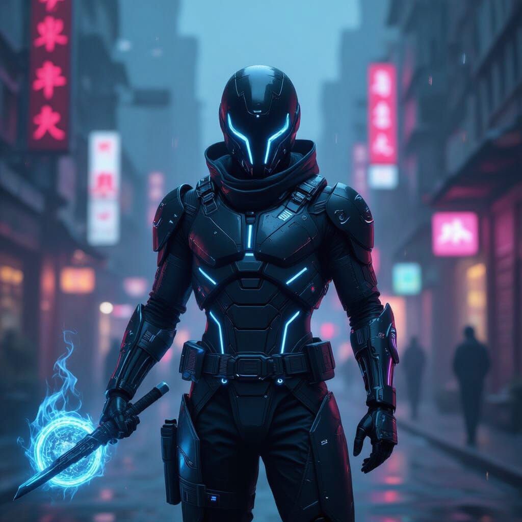 Cybernetic Ninja Wielding Elemental Power in Neon Cityscape