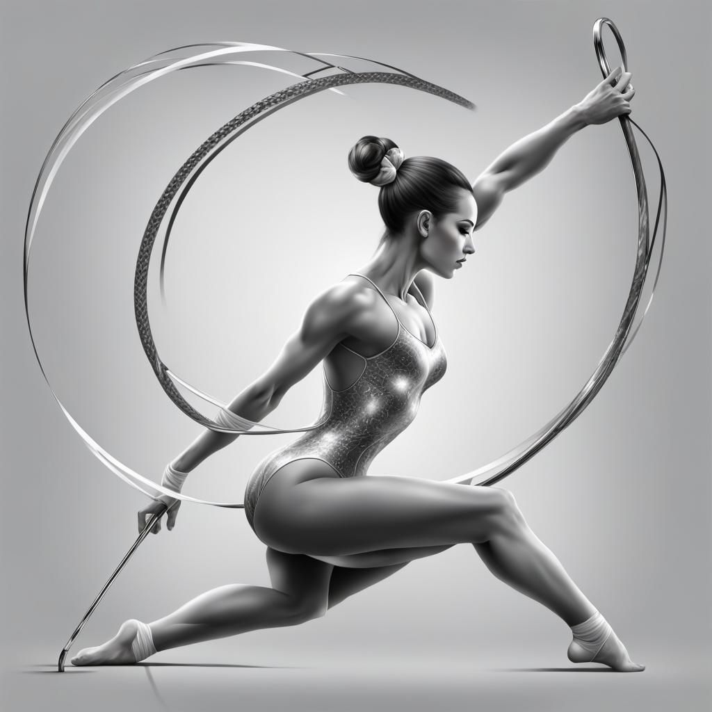 Gymnast Performing with Ribbon, Hoop and Clubs