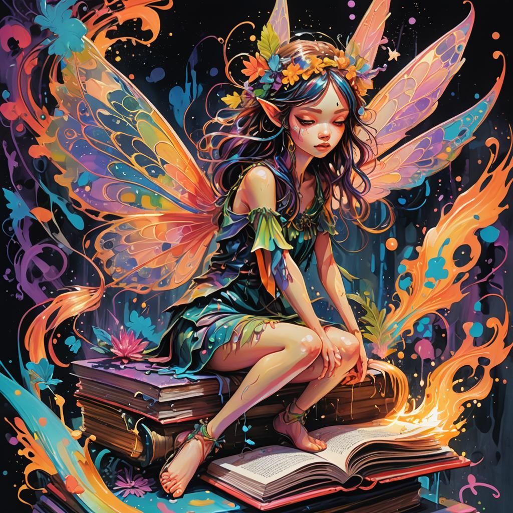 Neon Fairy on Glowing Book in Street Art Style