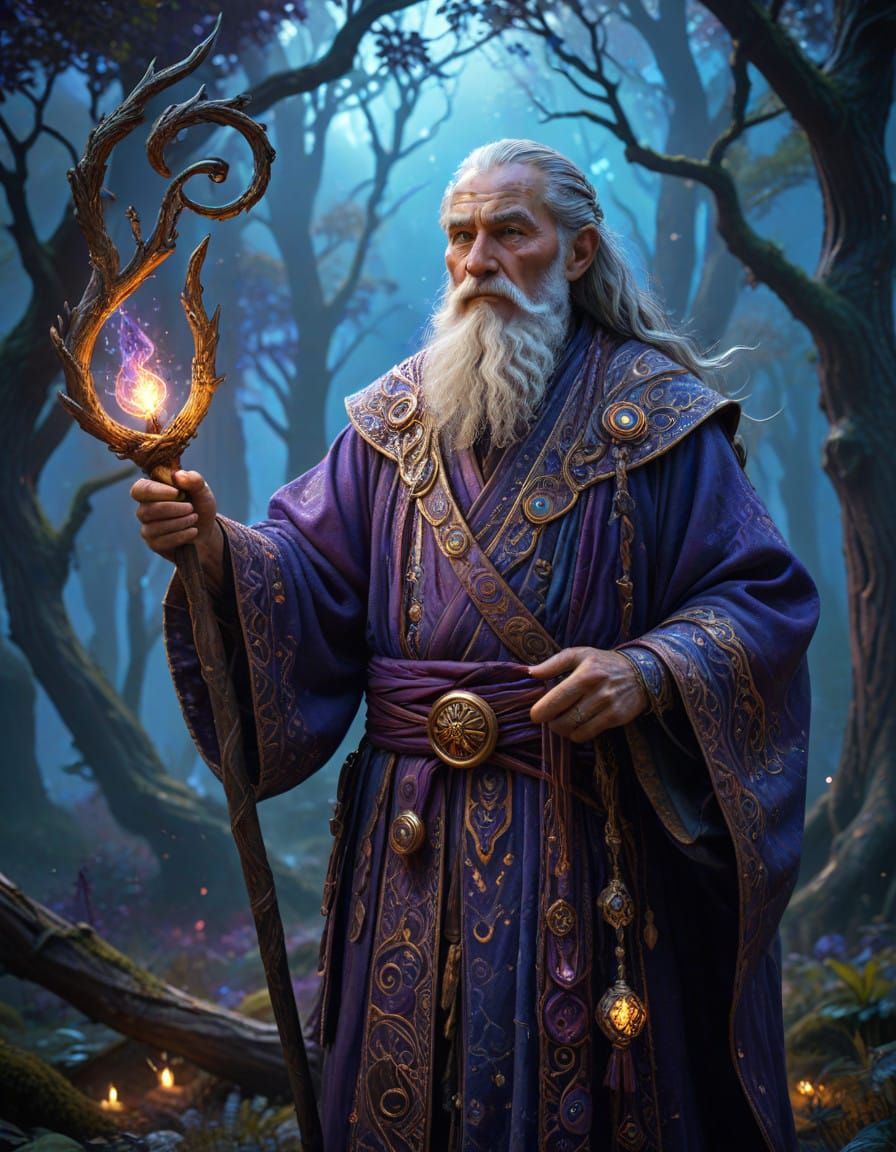Elderly Wizard Channels Cosmic Energy in Richly Embroidered ...