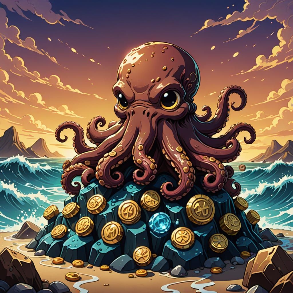 Vibrant Chibi Kraken Treasure Scene in Cel-Shaded Anime Styl...