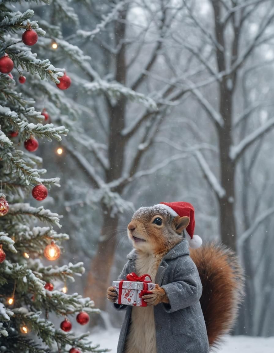 Festive Squirrel with Christmas Package in Winter Wonderland