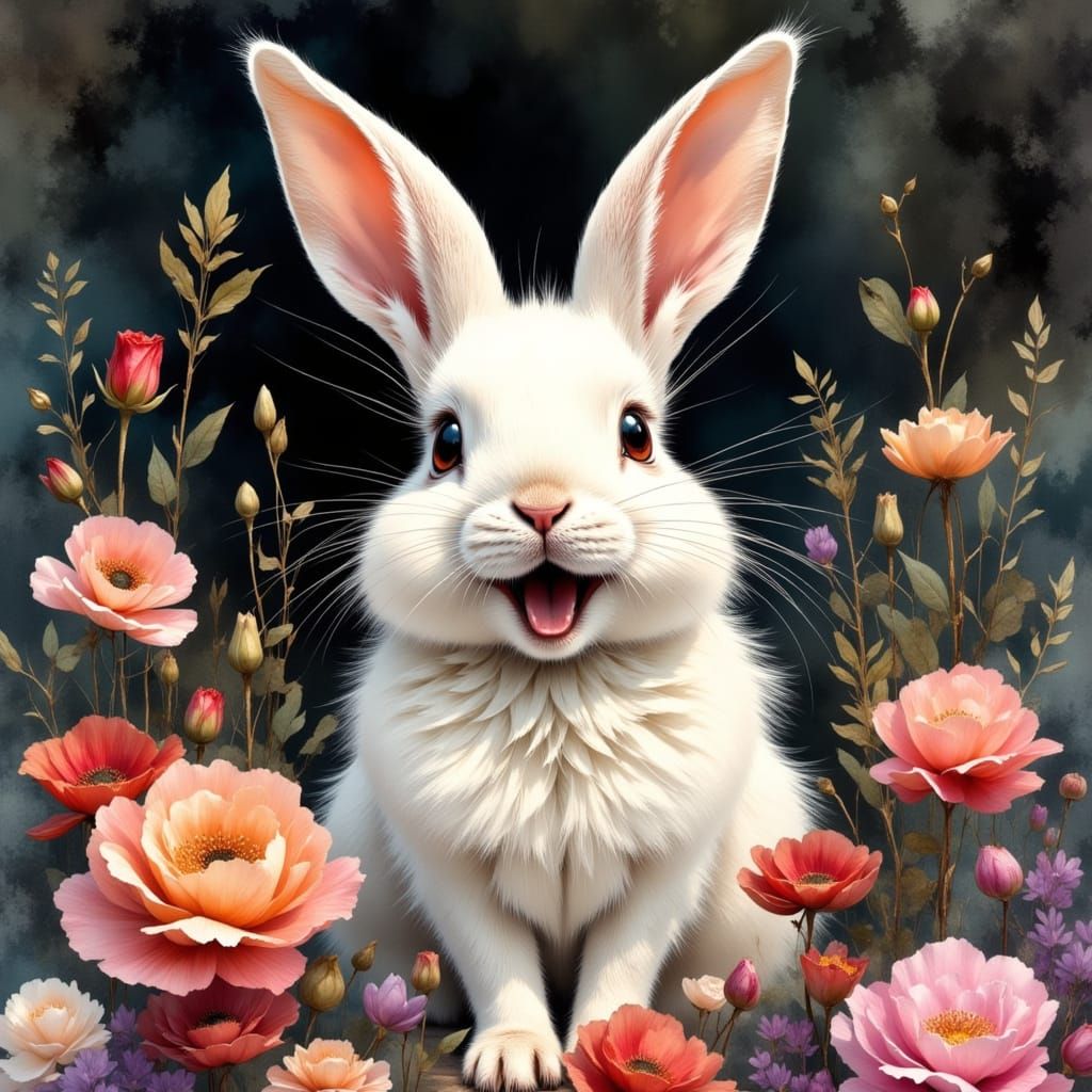 Fantasy Bunny Portrait in Wet Watercolor Style