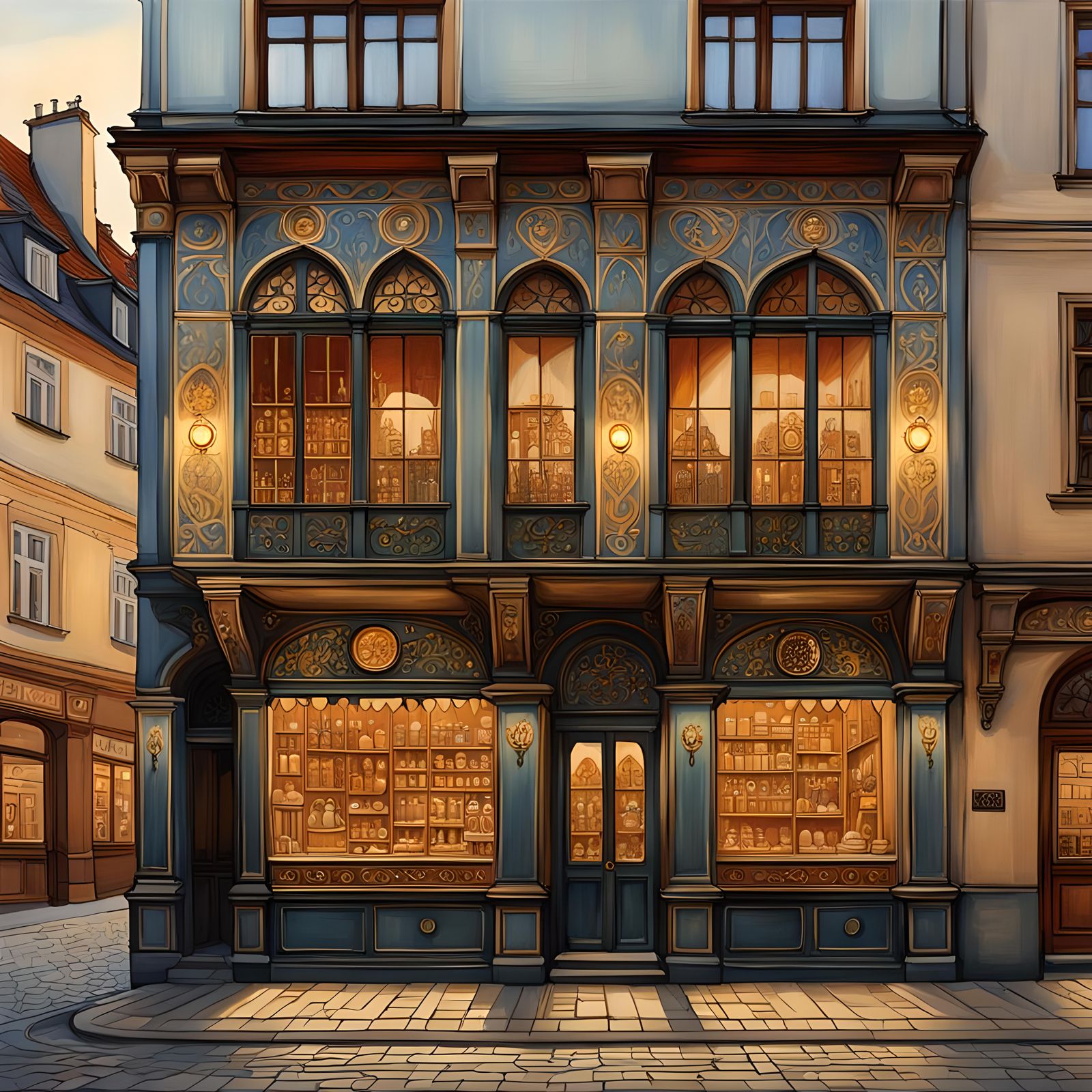 Medieval Warsaw Shopfront at Magic Hour: Gouache Sketch