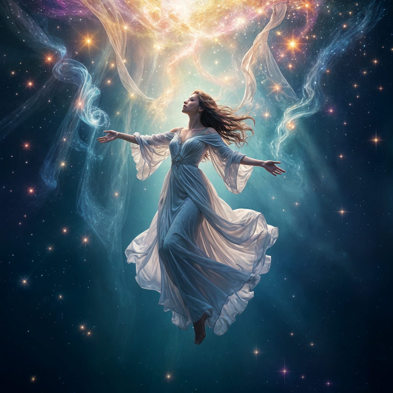Ethereal Maiden Dancing in Dreamscape with Fireflies