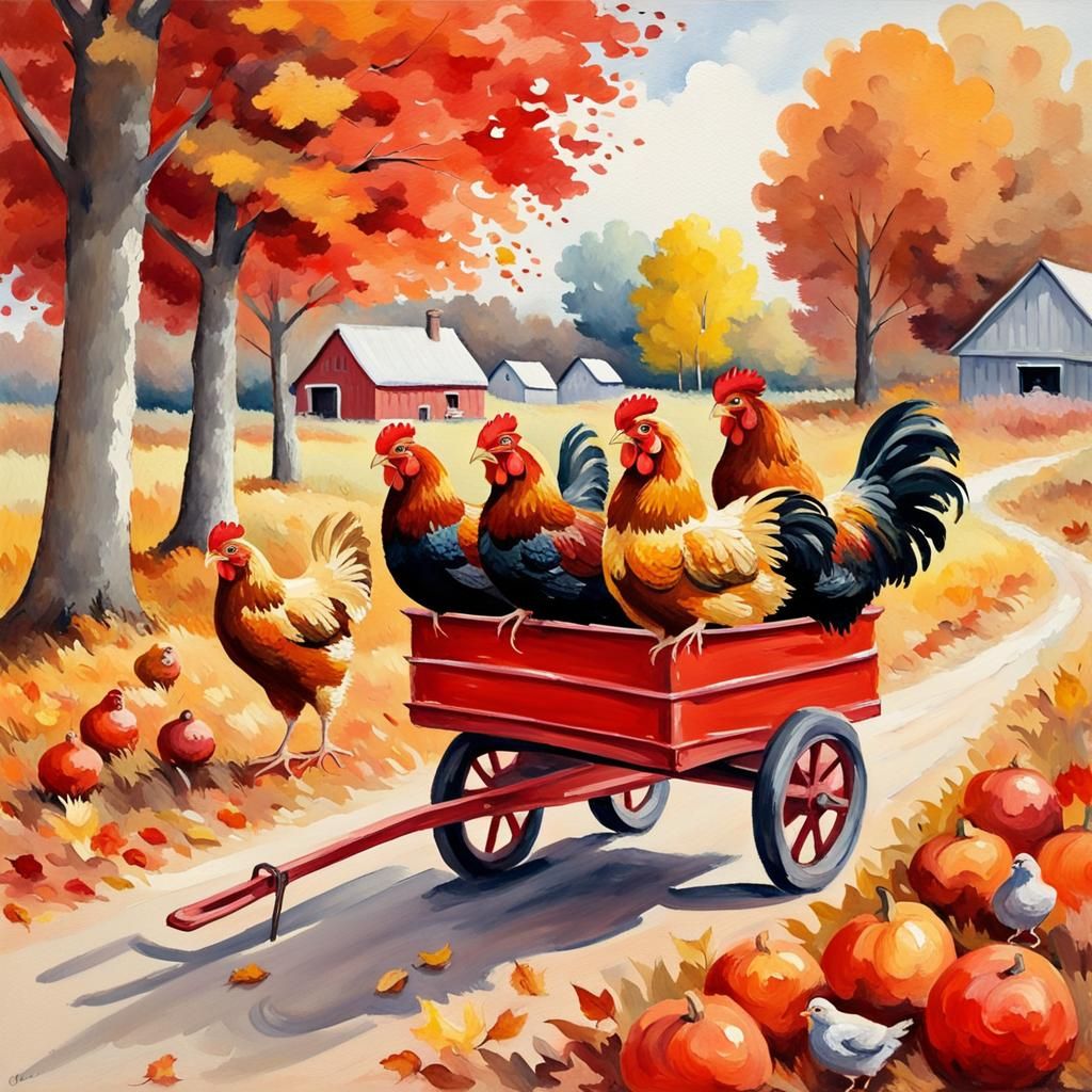 Colorful Chickens in Wagon: Gouache Impressionist Masterpiec...