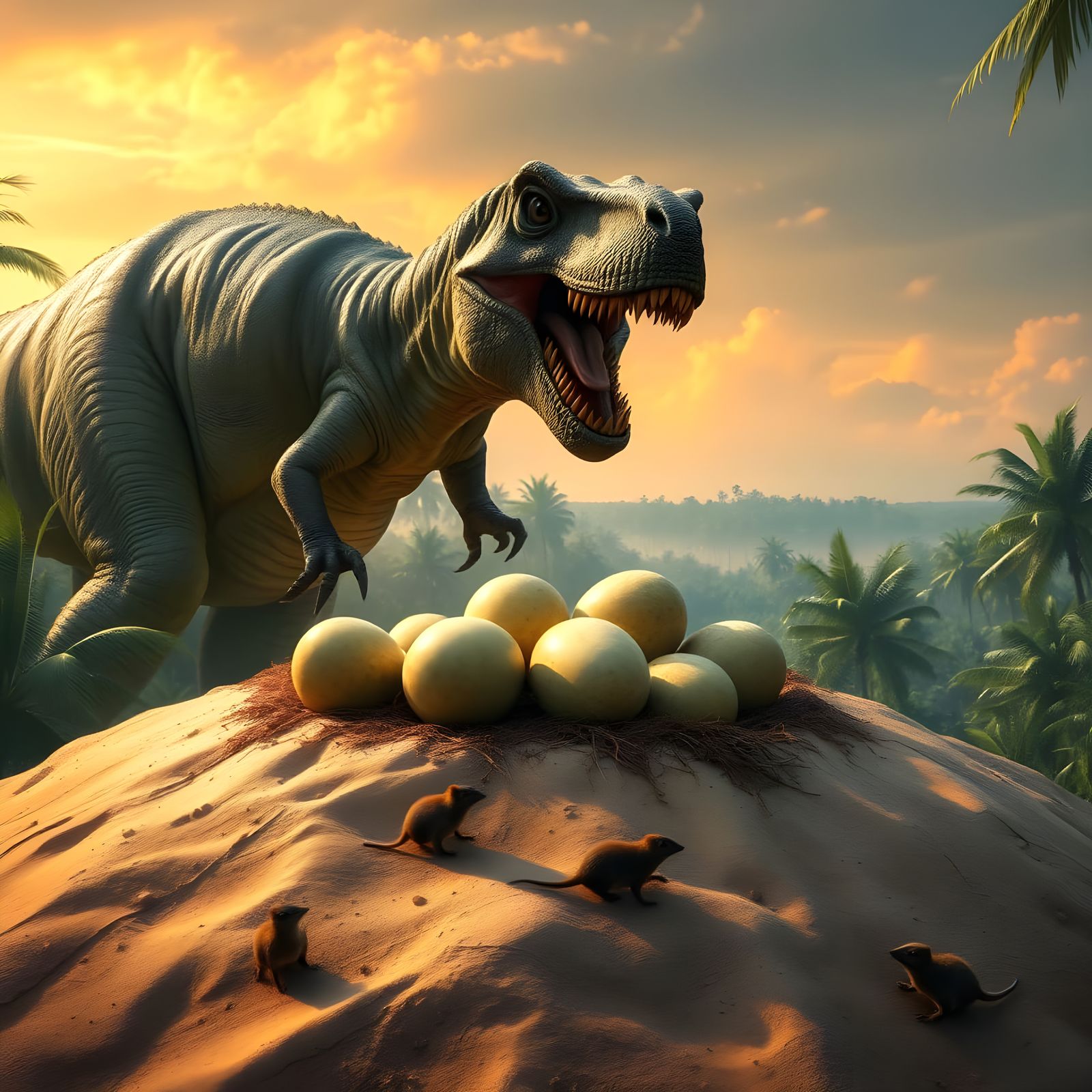 Allosaurus Nesting Site in River Delta Scene