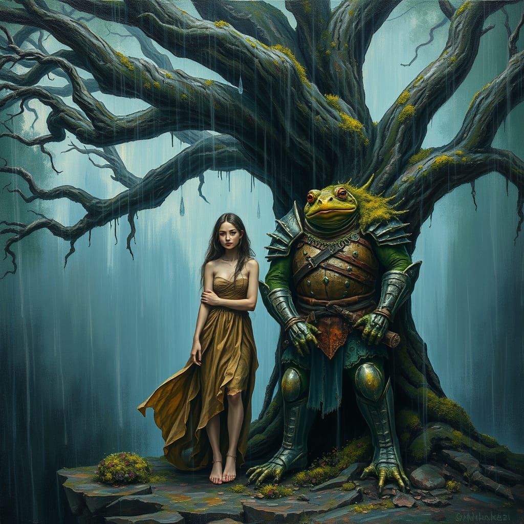 Ethereal Dryad and Frog Warrior Seek Shelter in Stormy Fores...