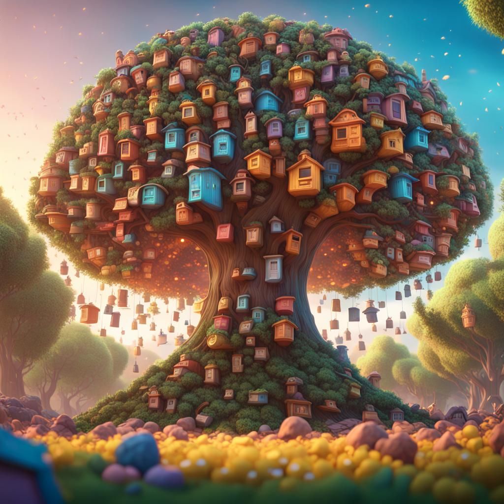 Magical Tree with Tiny Doors: Pixar-Style 3D Art