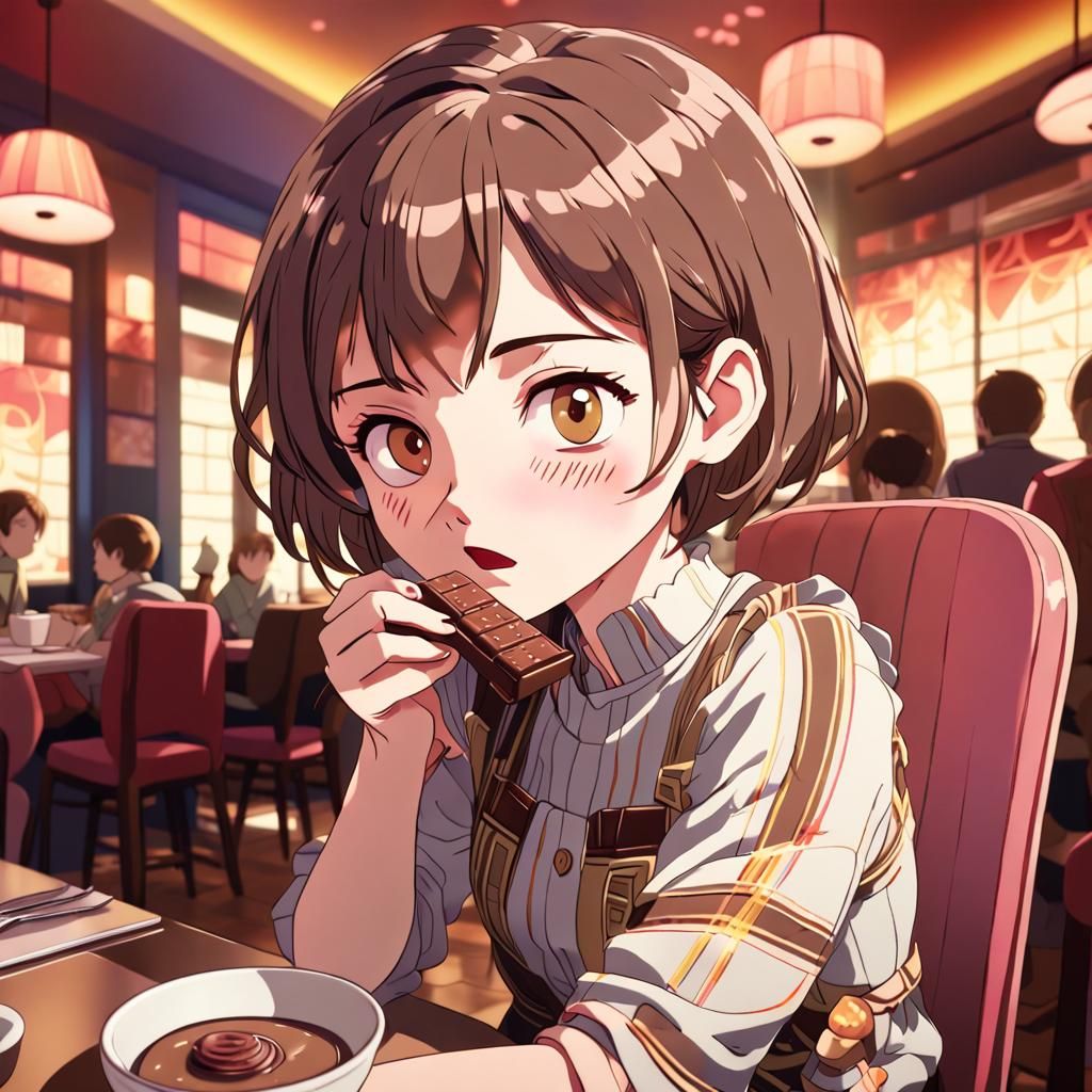 Anime Woman Enjoying Chocolate in Restaurant