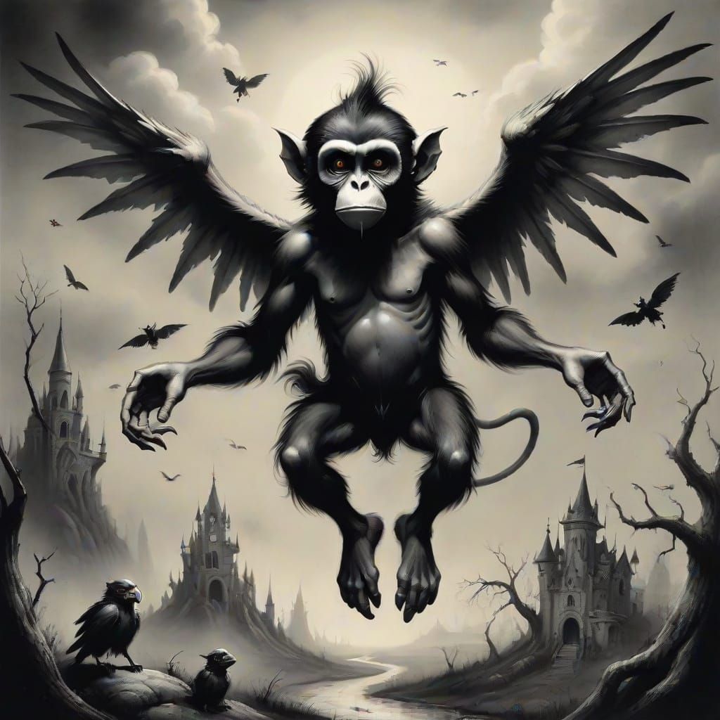 Eerie Flying Monkey in Surreal Land of Oz Illustration