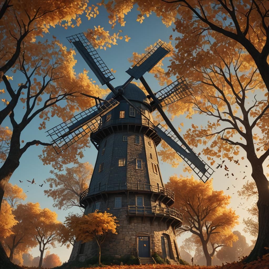 Majestic Autumn Windmill in Matte Painting Style