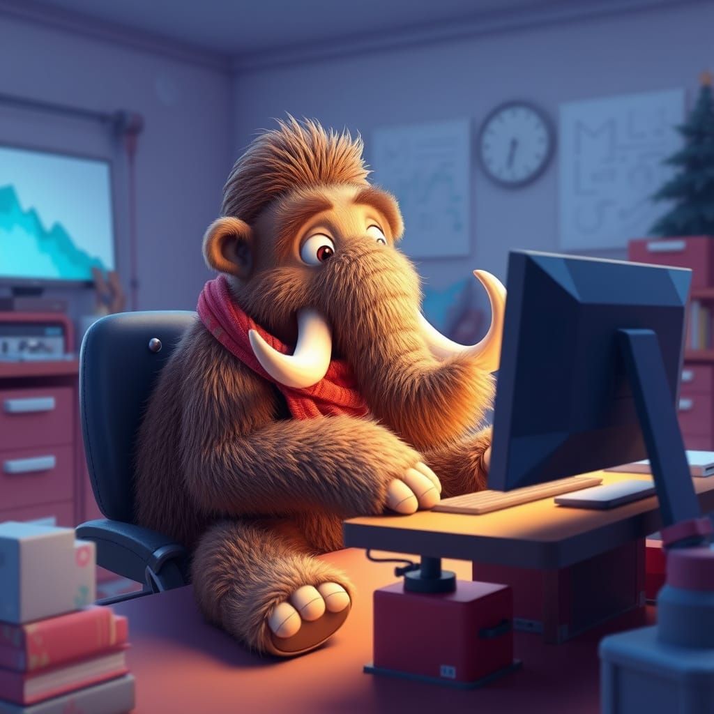 Fluffy Mammoth on Computer in Pixar Style