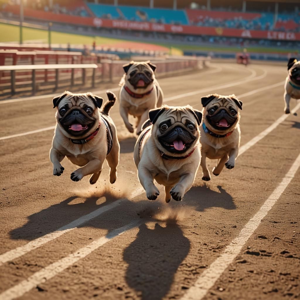 Pugs Race in Colorful Stadium: Digital Art