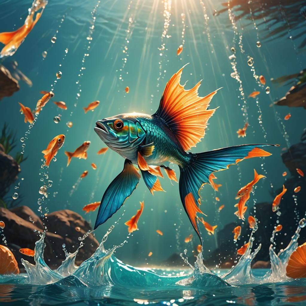 Flying Fish Leaping at Sunrise: Fantasy Concept Art