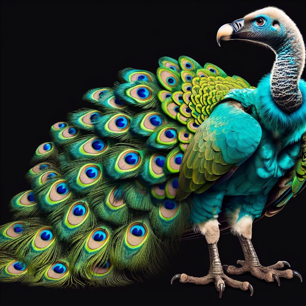 Vulture in Peacock Costume with Glowing Plumage