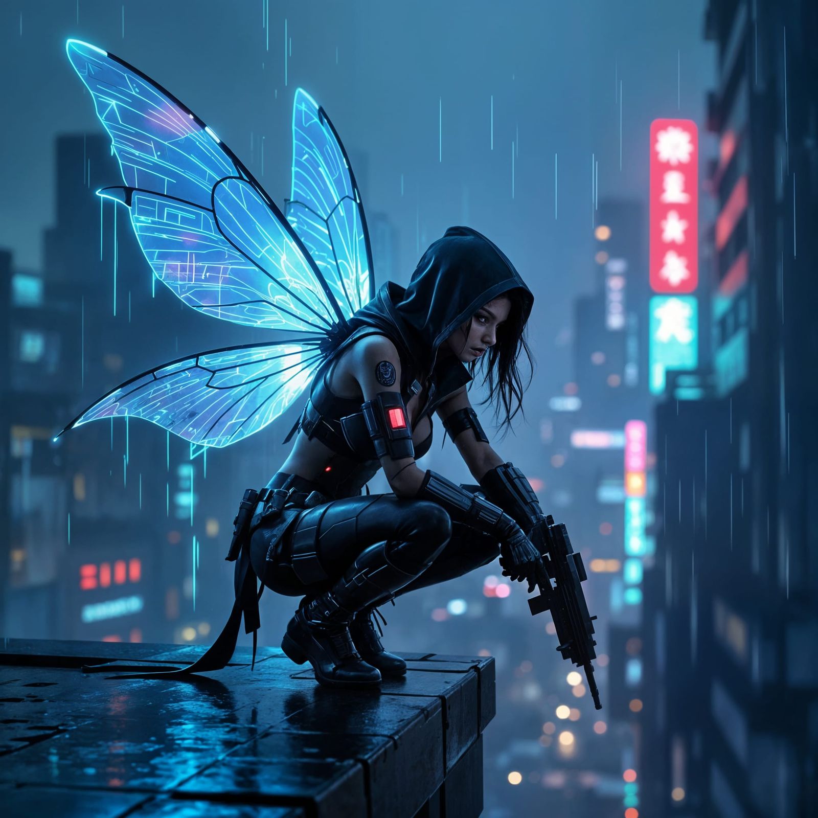 Cyberpunk Fairy on Rooftop Overlooking Neon City