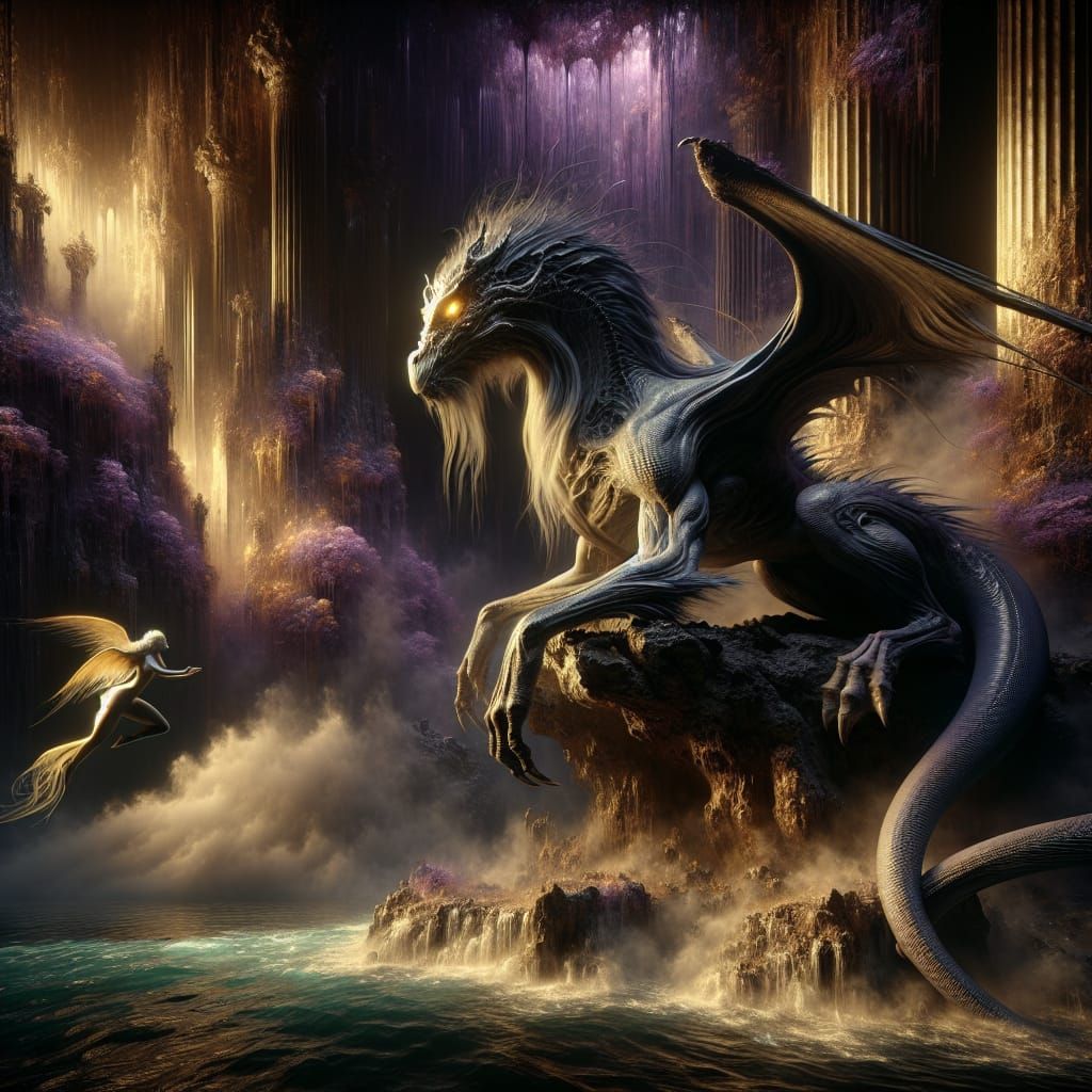 A mythical creature sits on a rock beside the sea.