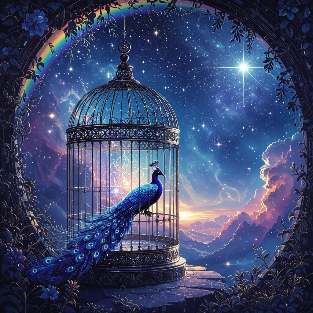 Cosmic Bird Cage with Phoenix in Nebula