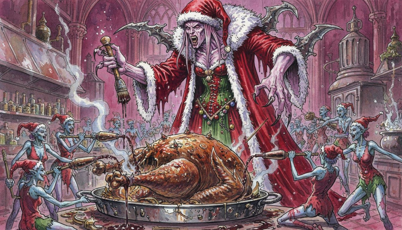Daemon Mrs. Claus Cooks Kaiju Turkey in John Blanche Style