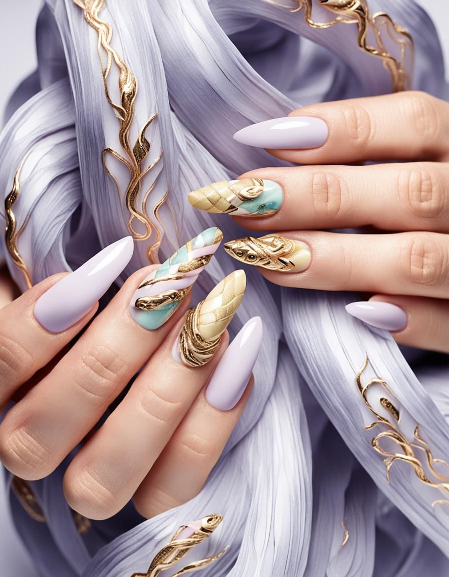 Pastel Nail Art with Golden Snakes in High Fashion