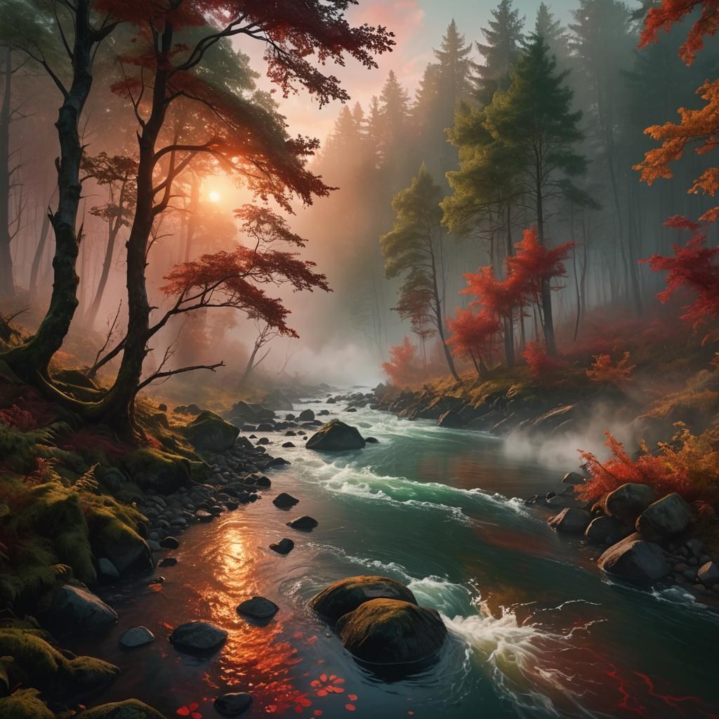 Mystical Forest River at Sunrise: Fantasy Landscape