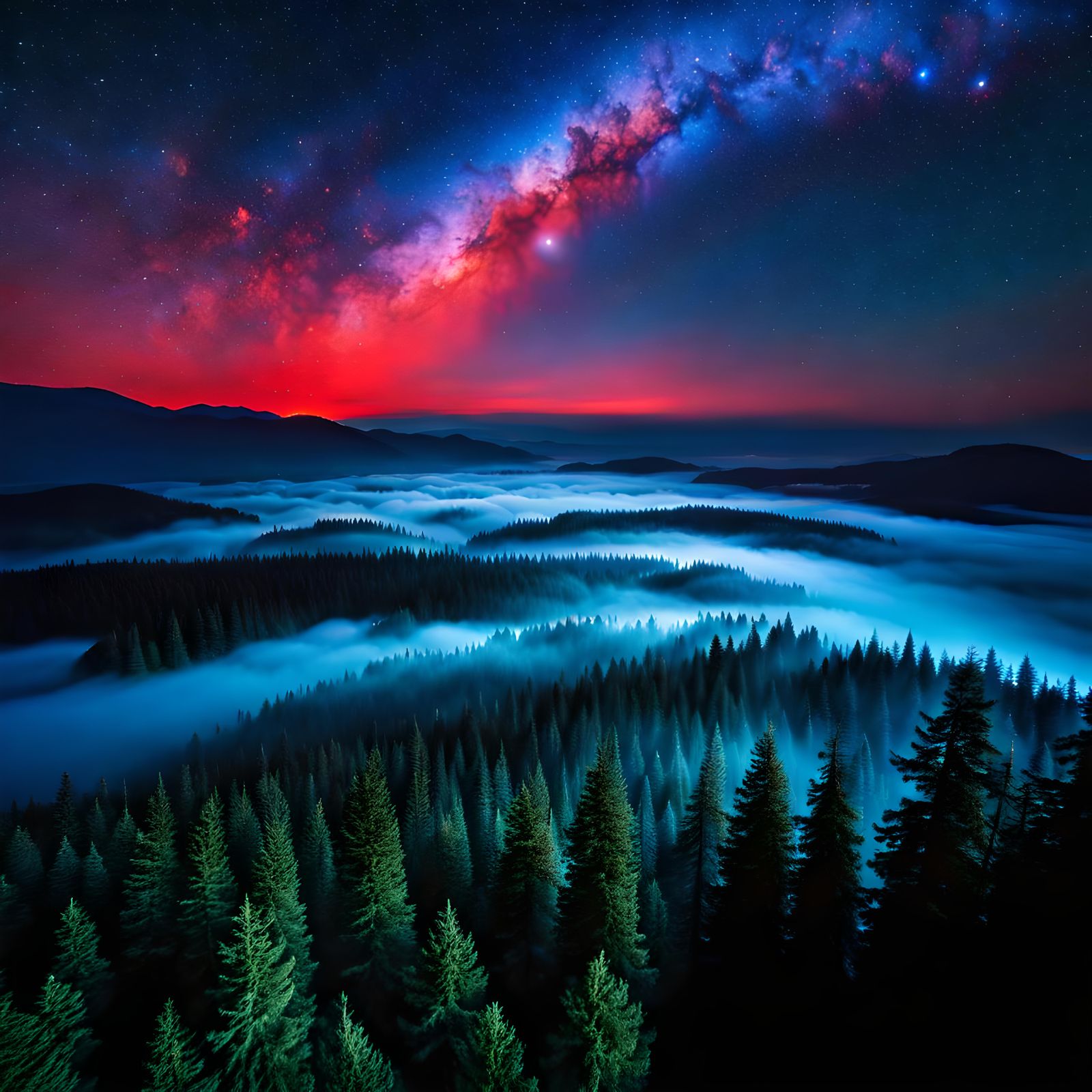 Enchanted Cosmos: A Majestic Overhead View of Misty Evergreen Forests under a Red Nebula Starscape