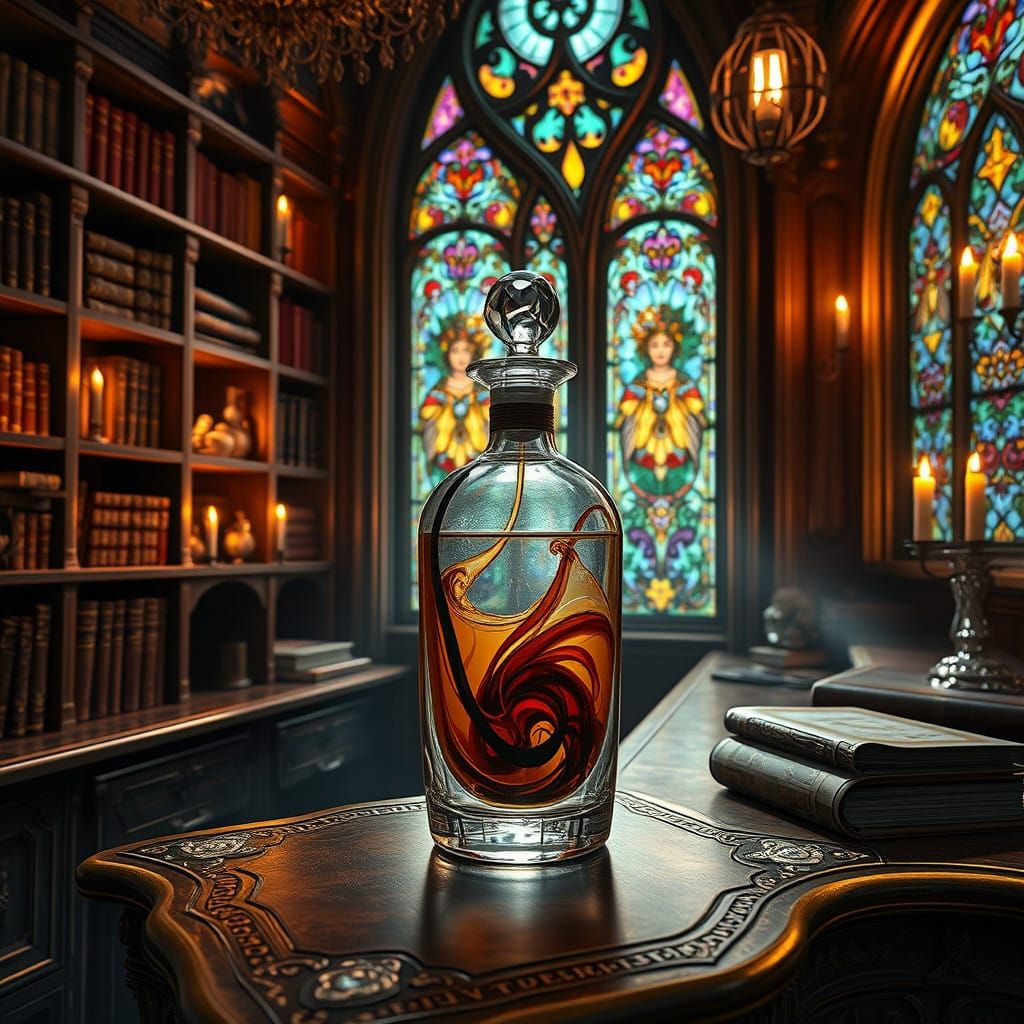 Dreamlike Apothecary with Vanilla Perfume Bottle in a Golden...