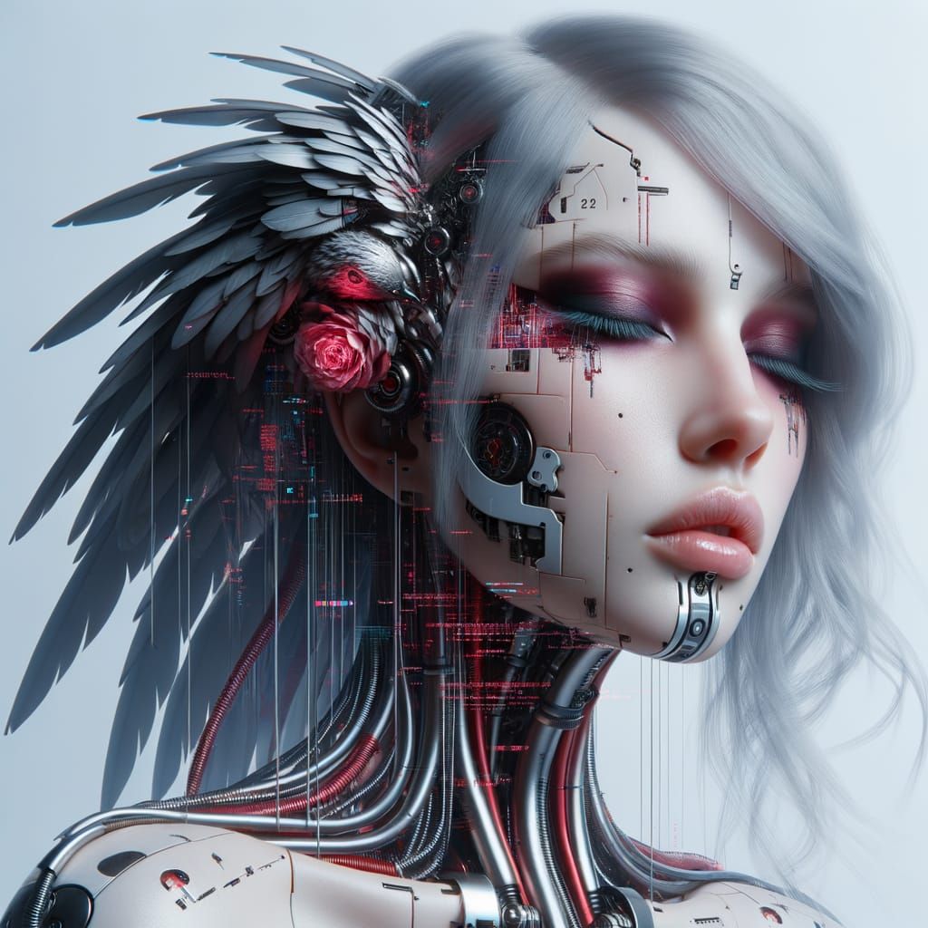 Cyberpunk Woman with Metallic Avian Augmentations