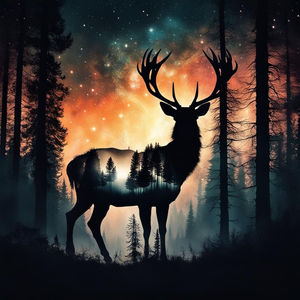 Sunset Deer Silhouette with Starry Galaxy Overlay