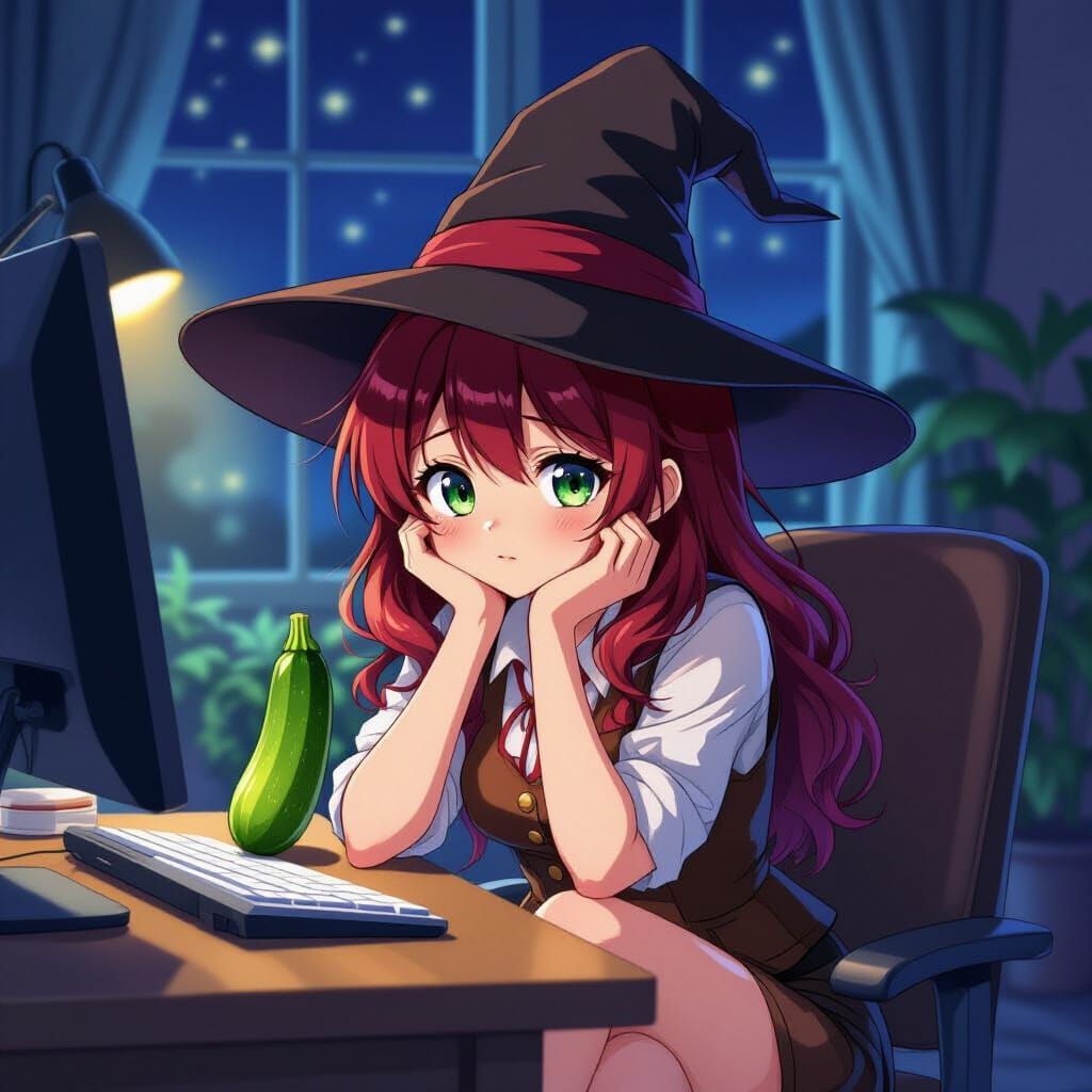 Anime Witch with Zucchini in Studio Trigger Style