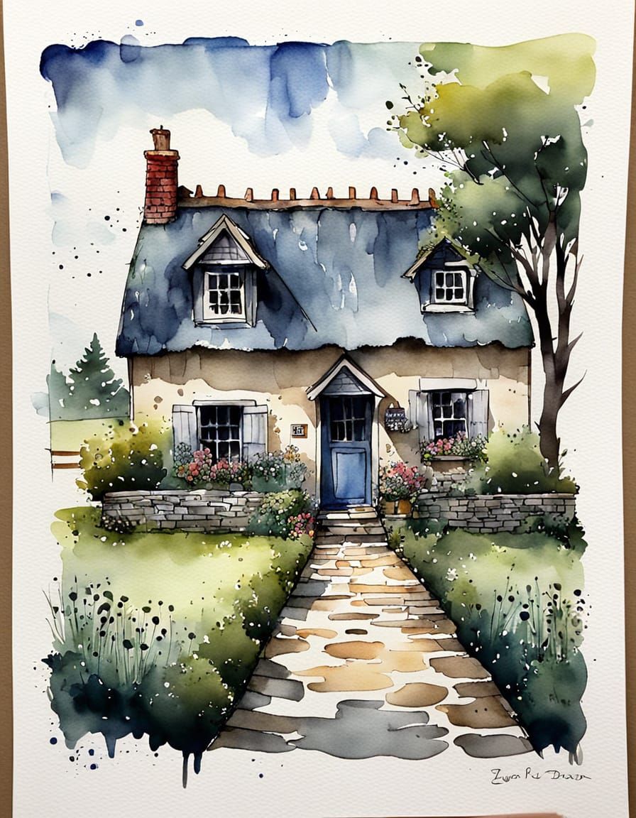 Whimsical English Cottage Scene in Ink and Watercolor