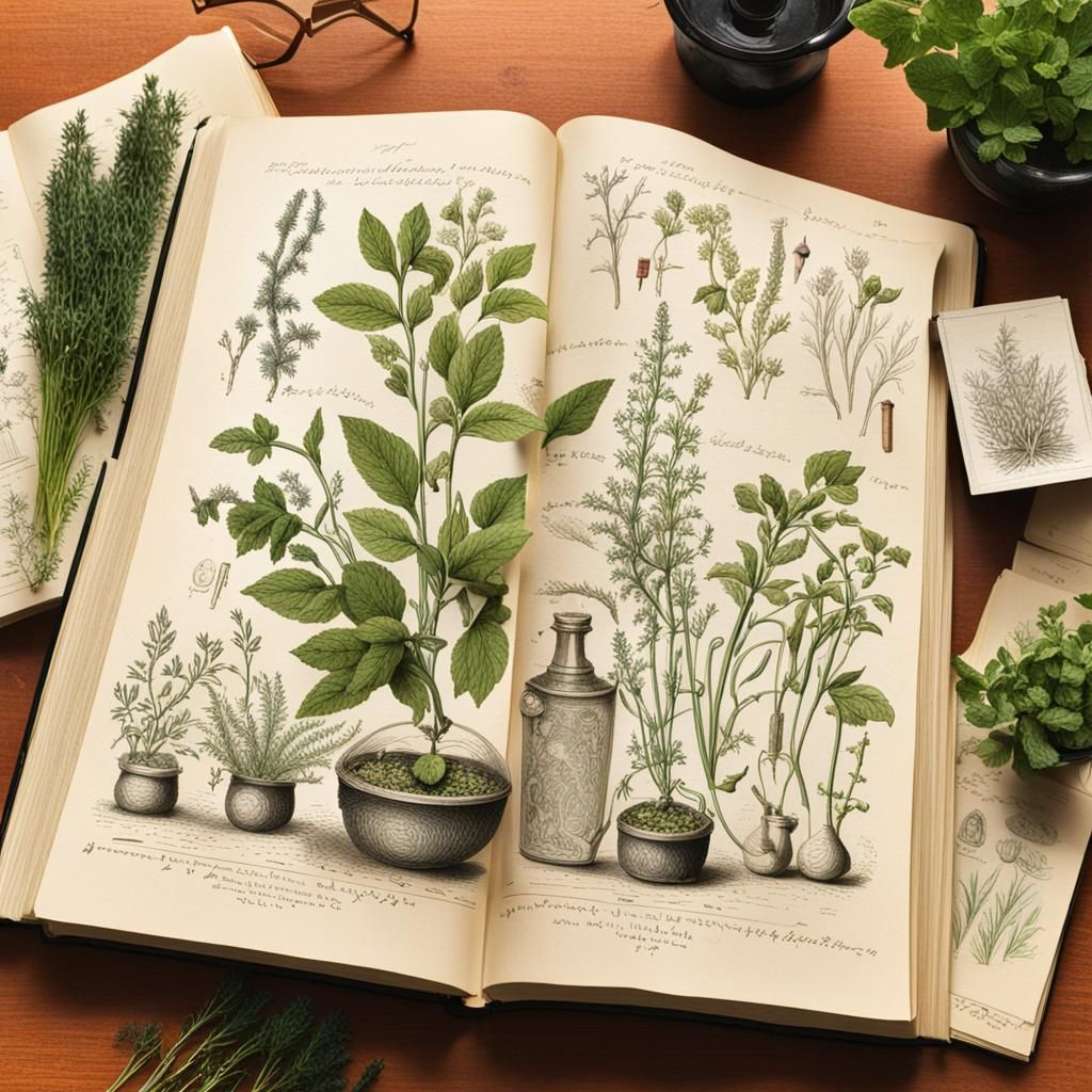 Botanical Ink Drawings of Herbs in Library