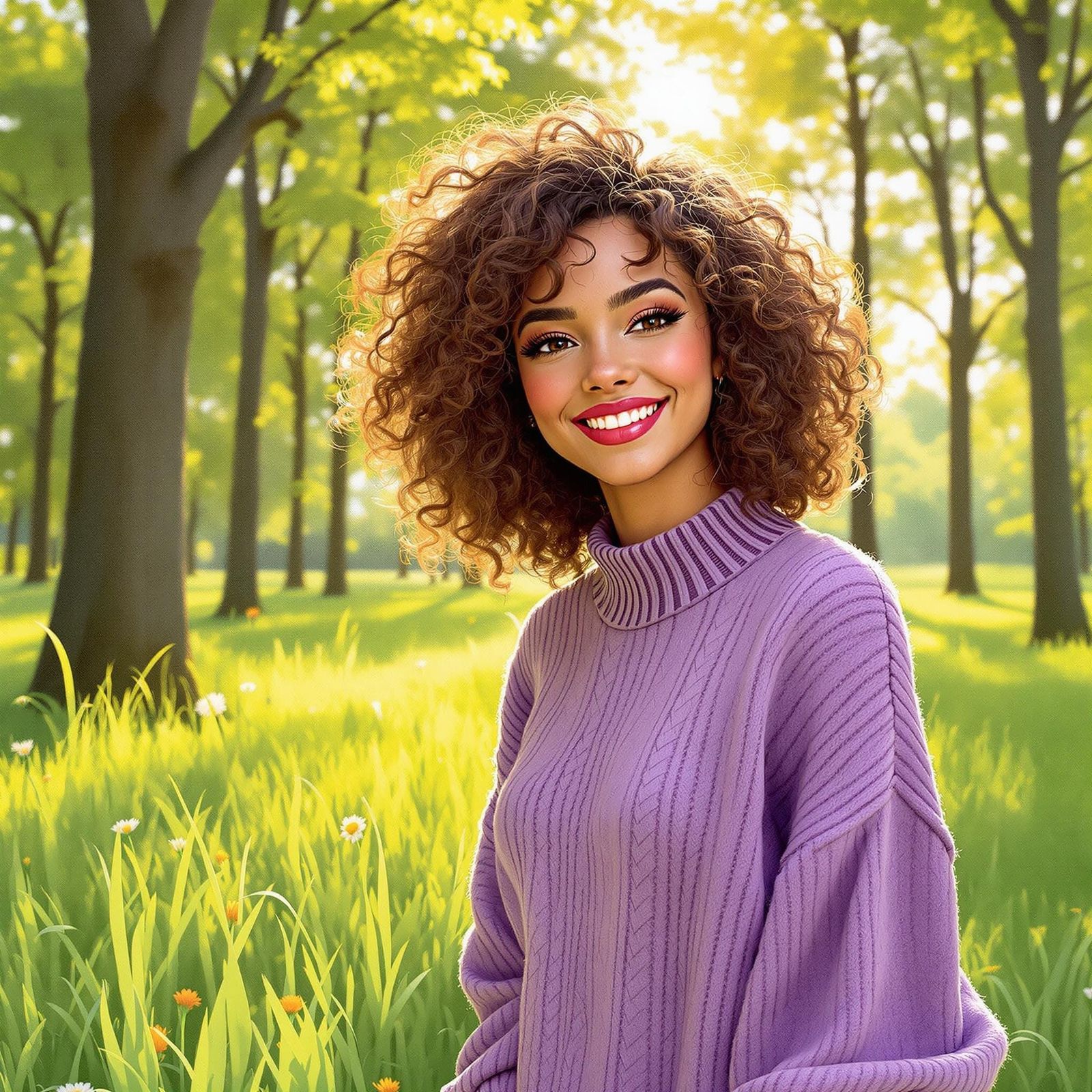 Woman in Purple Sweater Amidst Whimsical Nature Scene