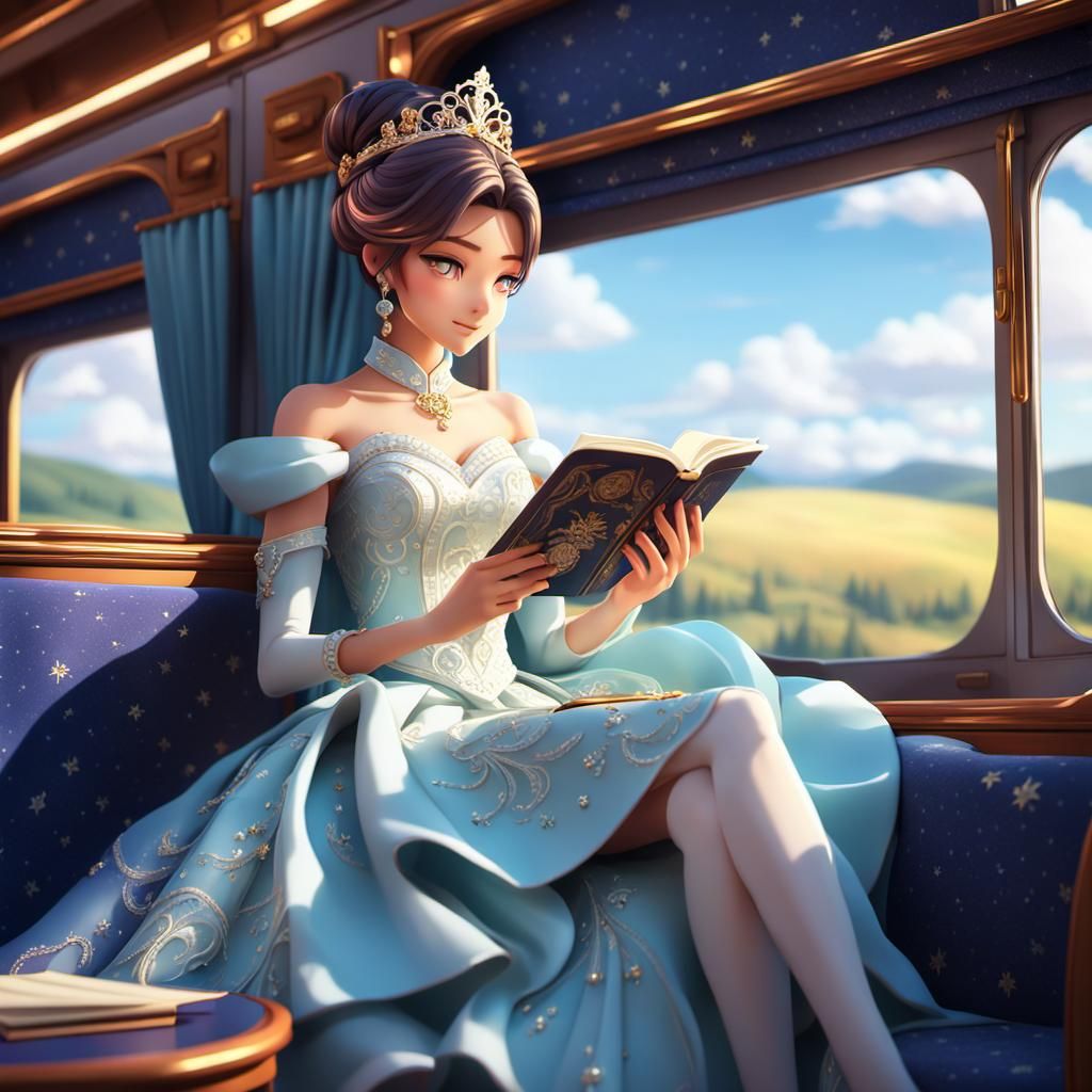 Princess Reading on Train in 3D Anime Style