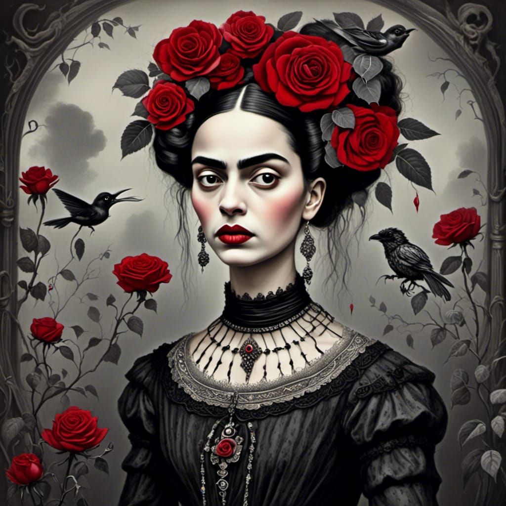Gothic Portrait in Tim Burton Style with Roses