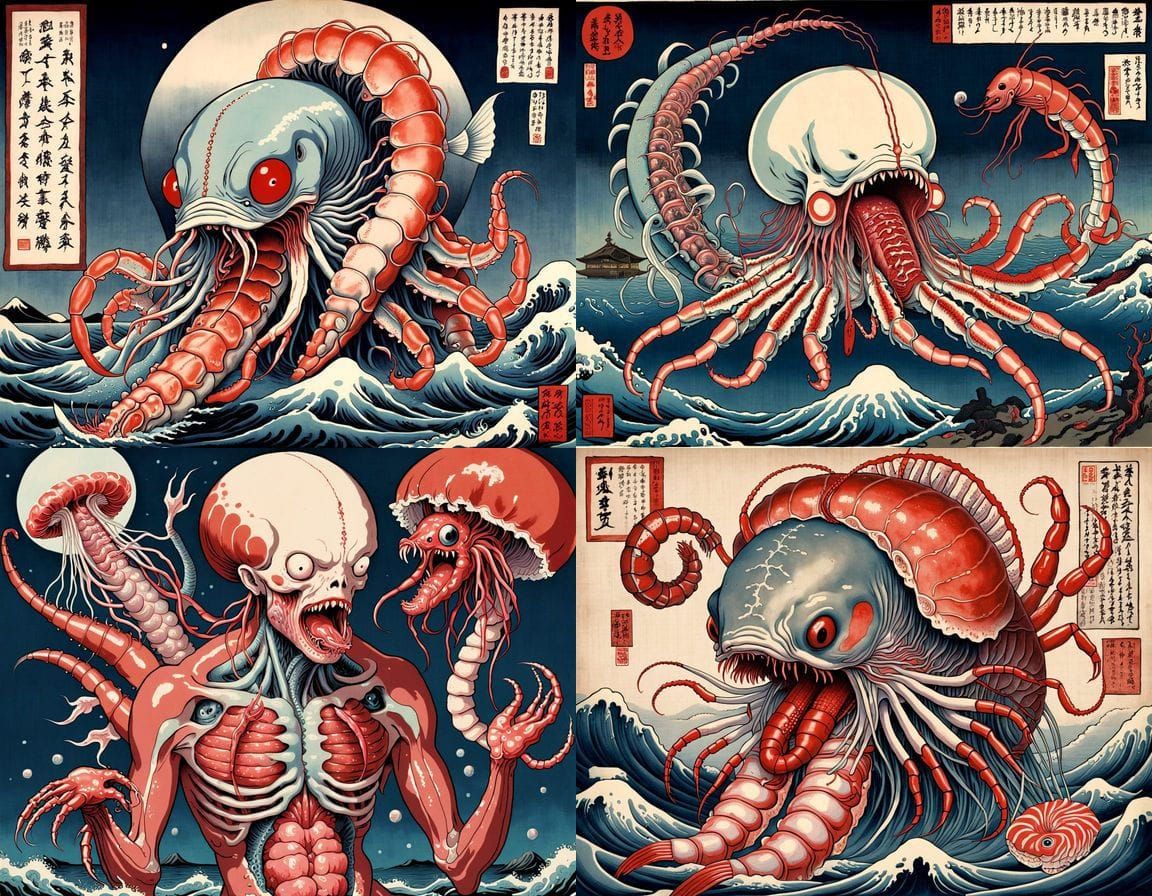 Surreal Ukiyo-E Inspired Horror of a Cthulhu Hybrid Creature
