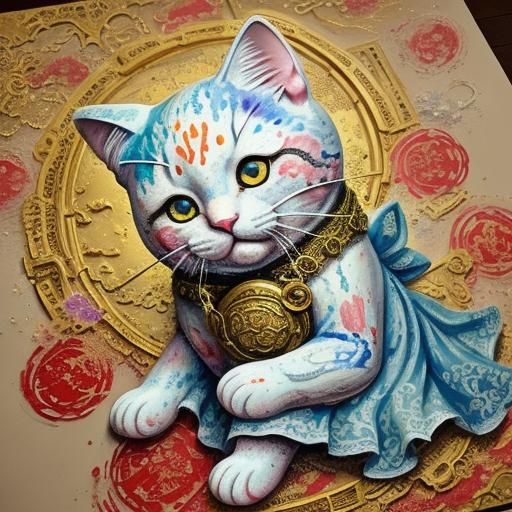 Hello Kitty as Maneki Neko in Rococo Impasto Style
