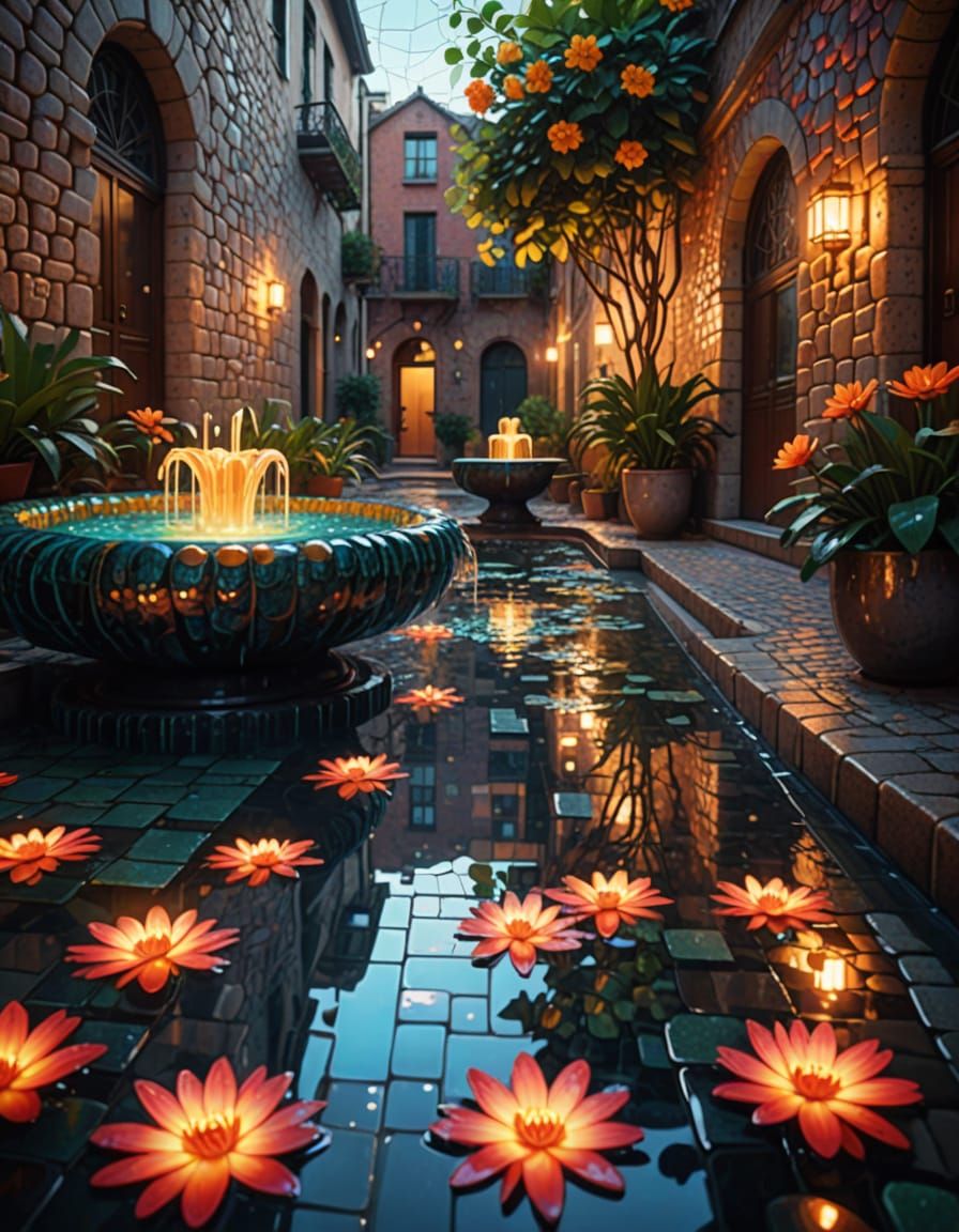 Vibrant Urban Courtyard with Glowing Fountains