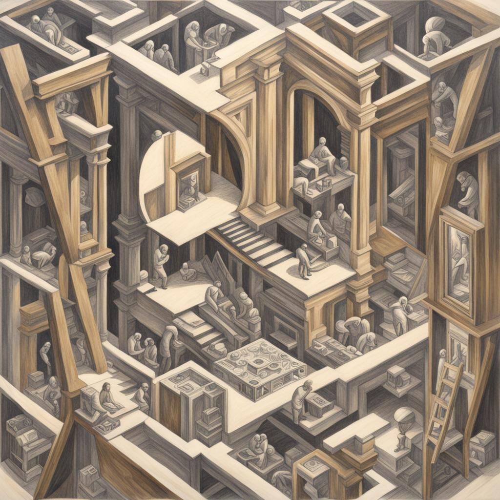 Escher-Style Infinite Mirror Room Drawing