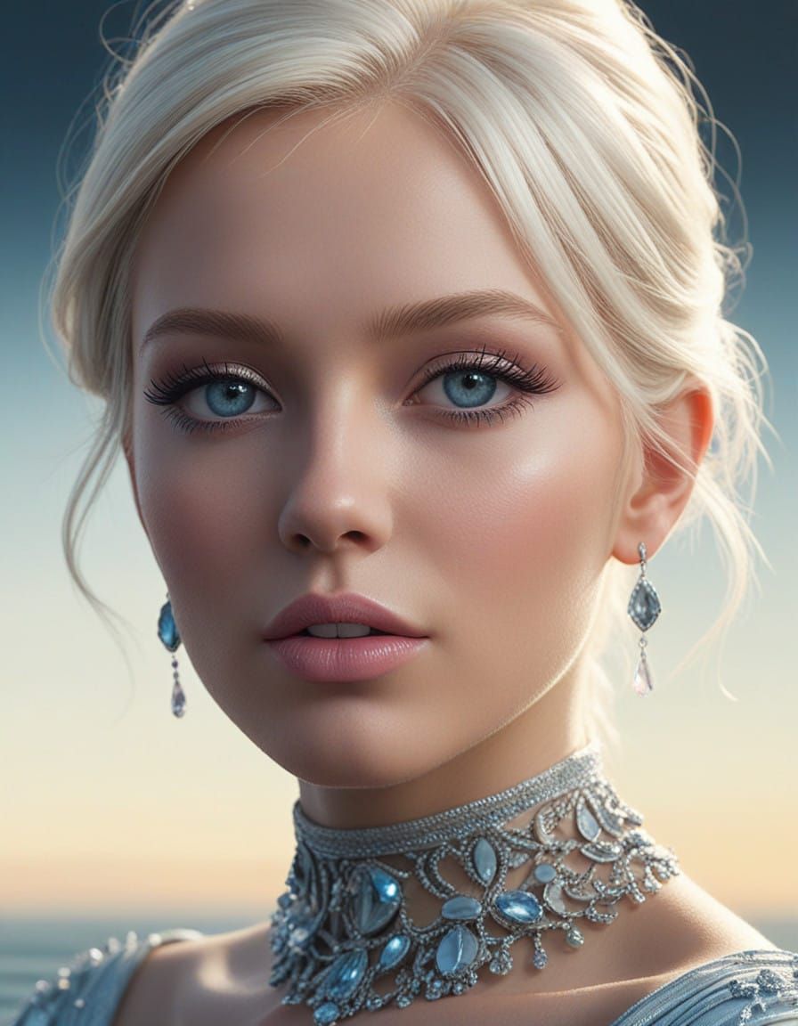 Stunning portrait of beautiful woman with platinum blonde hair and crystal blue eyes with light blue eyeshadow with blue...