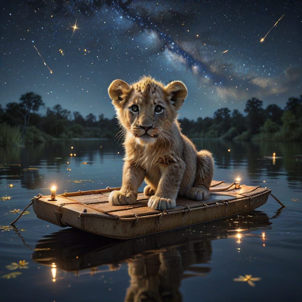 Adorable Lion Cub on Raft Under Starry Night Sky