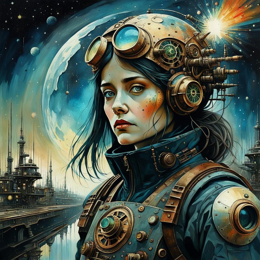 Steampunk Space Colony in Magical Realism Style