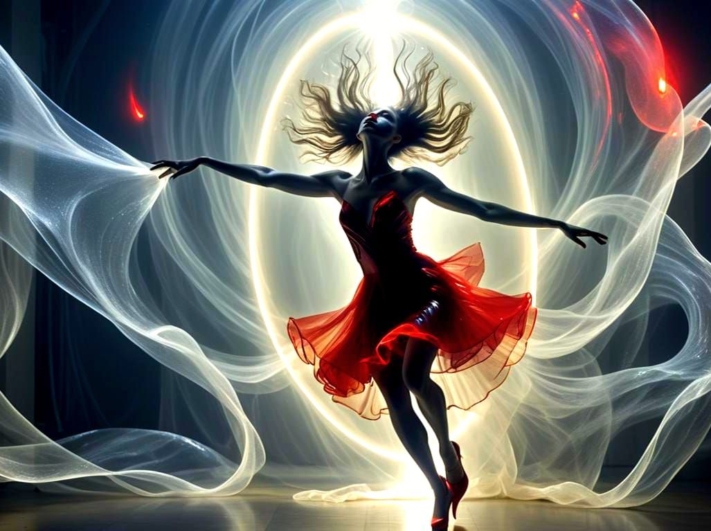 Dancer in Spotlight with Flowing Dress, as Low-Poly 3D Art