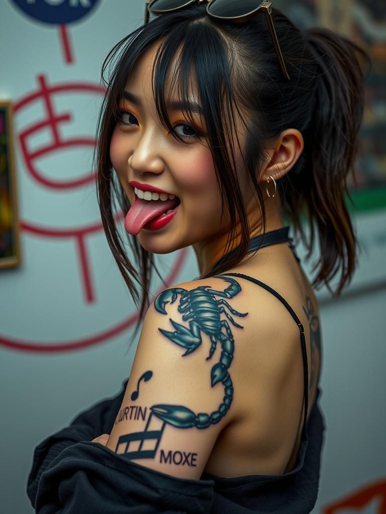 a beautiful korean girl Tongue stuck out punk fashion and a ...