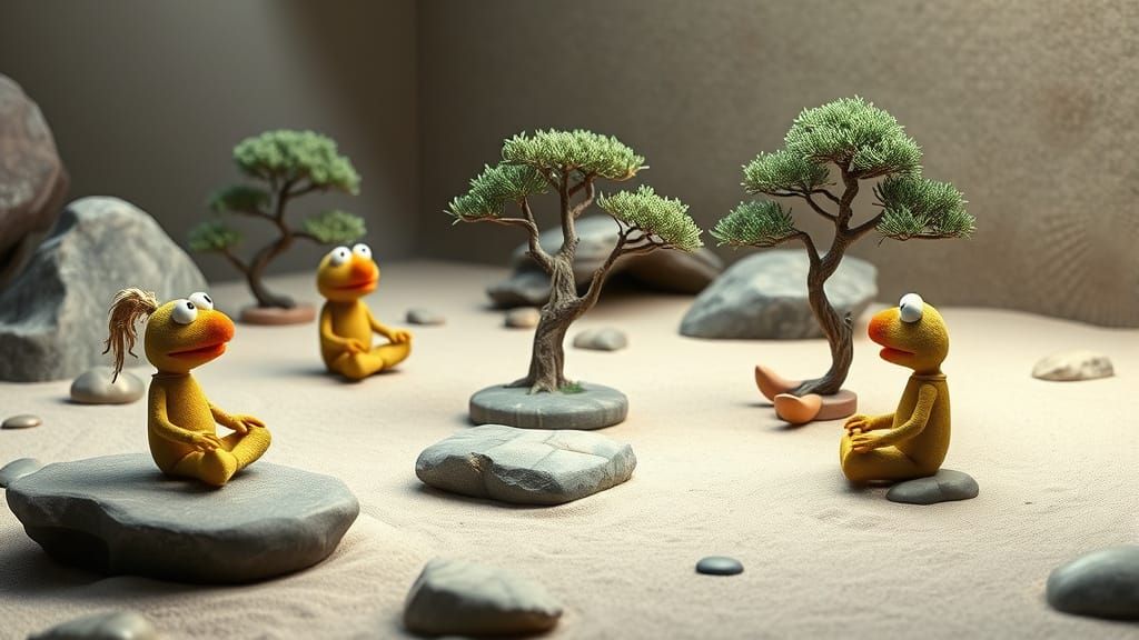 A serene zen garden inhabited by muppets meditating peacefully beneath miniature bonsai trees. The garden is meticulousl...