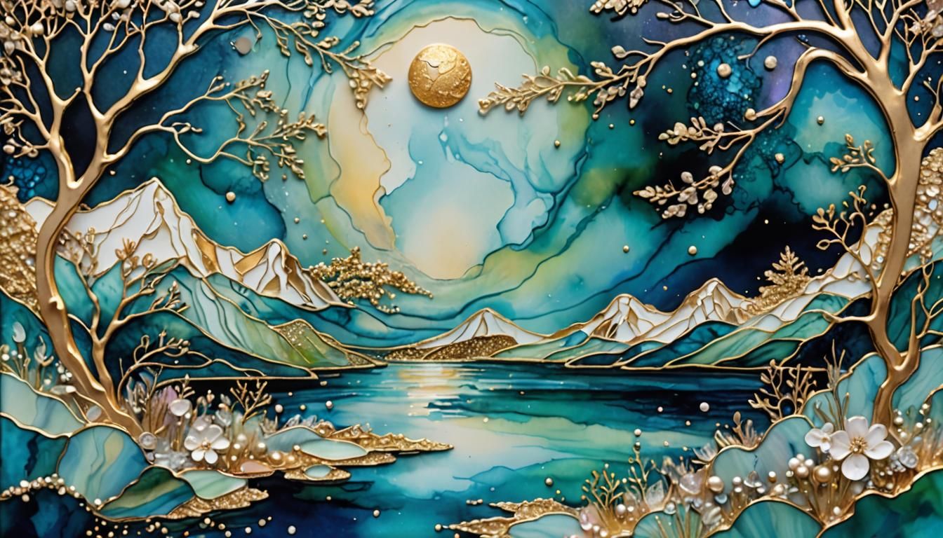 Iridescent Moonlit Lake in 3D Abstract Art