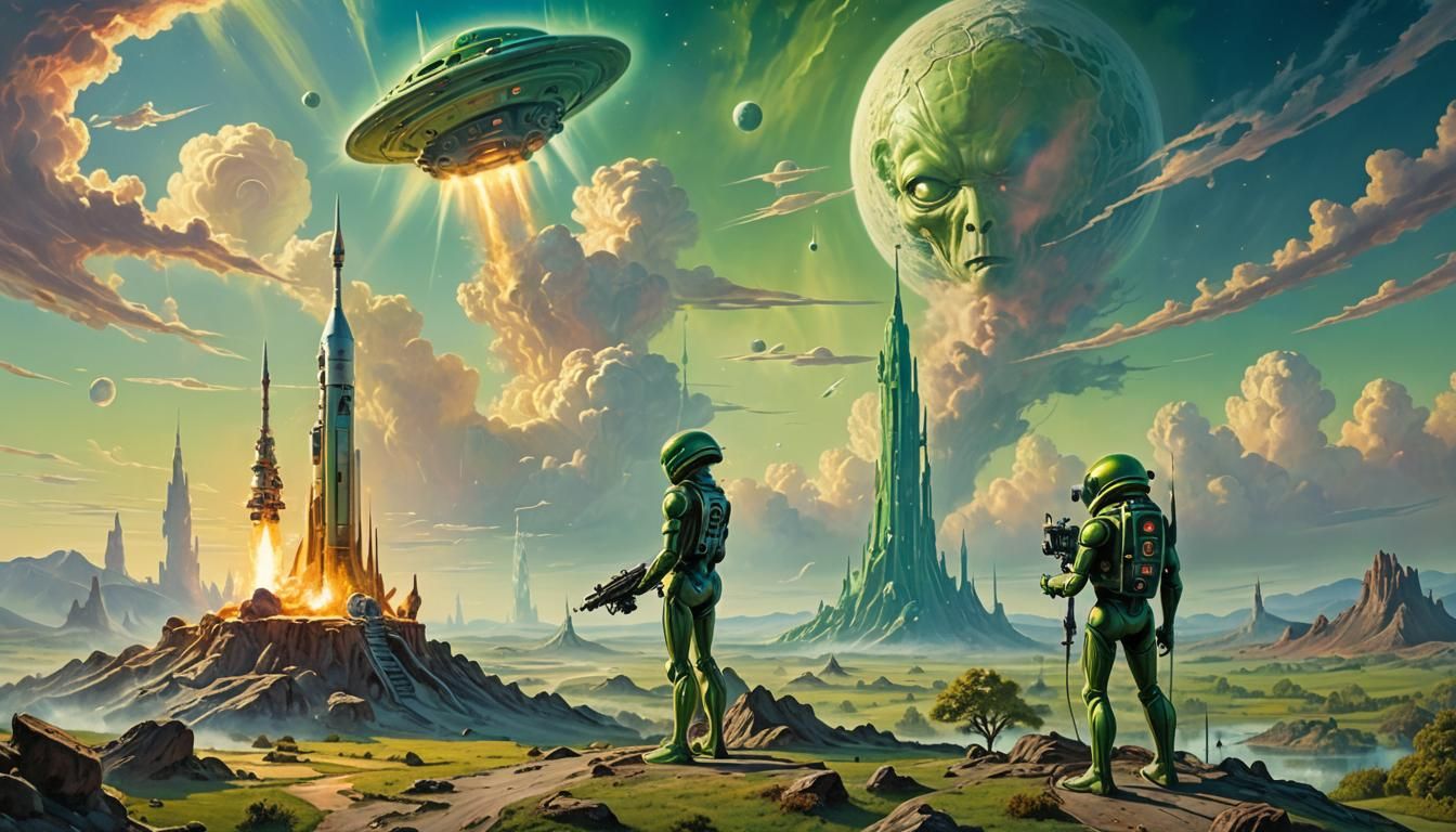 Surreal Green Alien on Moon in Dreamlike Style